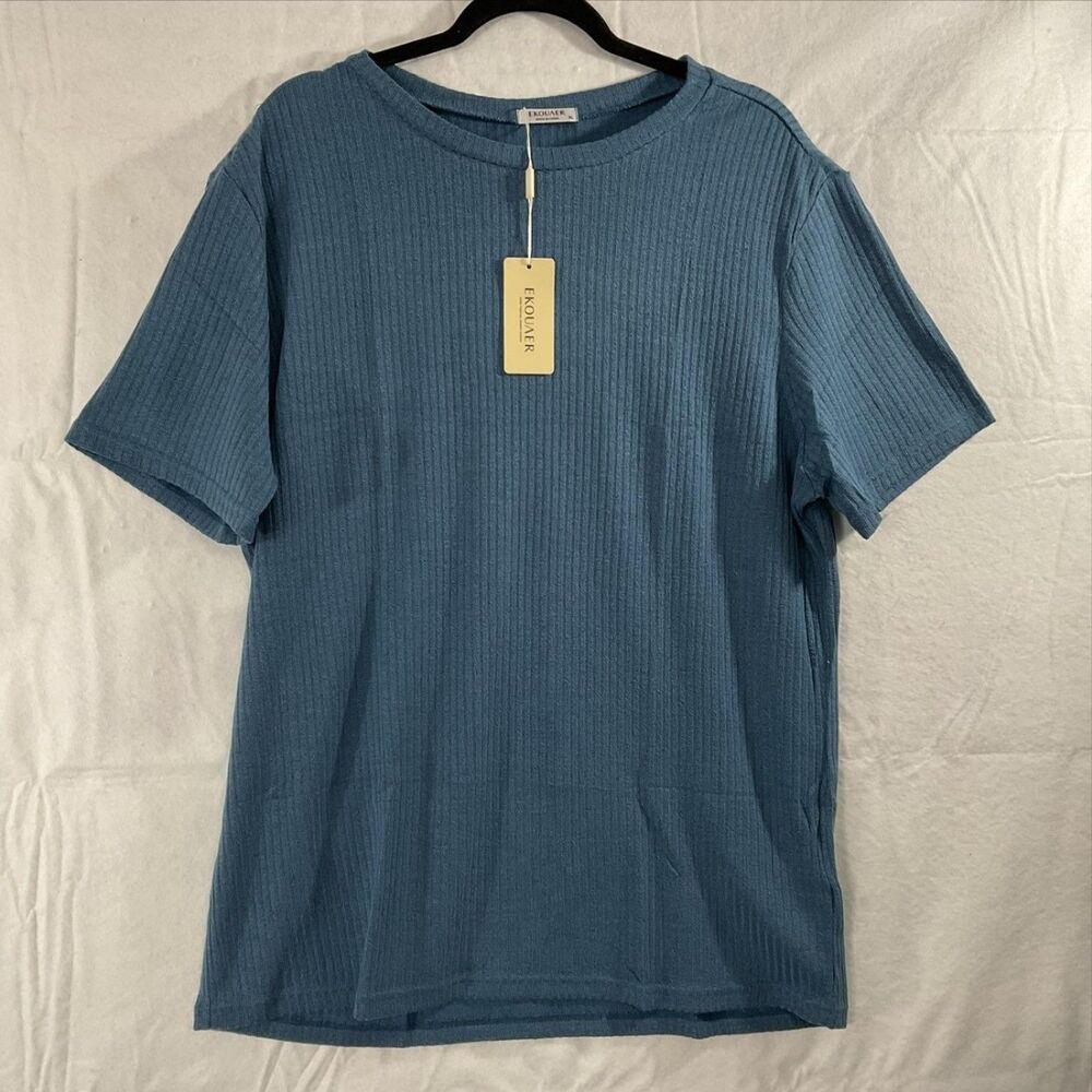 Ekouaer Shirt Womens XL Blue Ribbed Knit Short Sleeve Crew Neck‎ Casual Top NWT